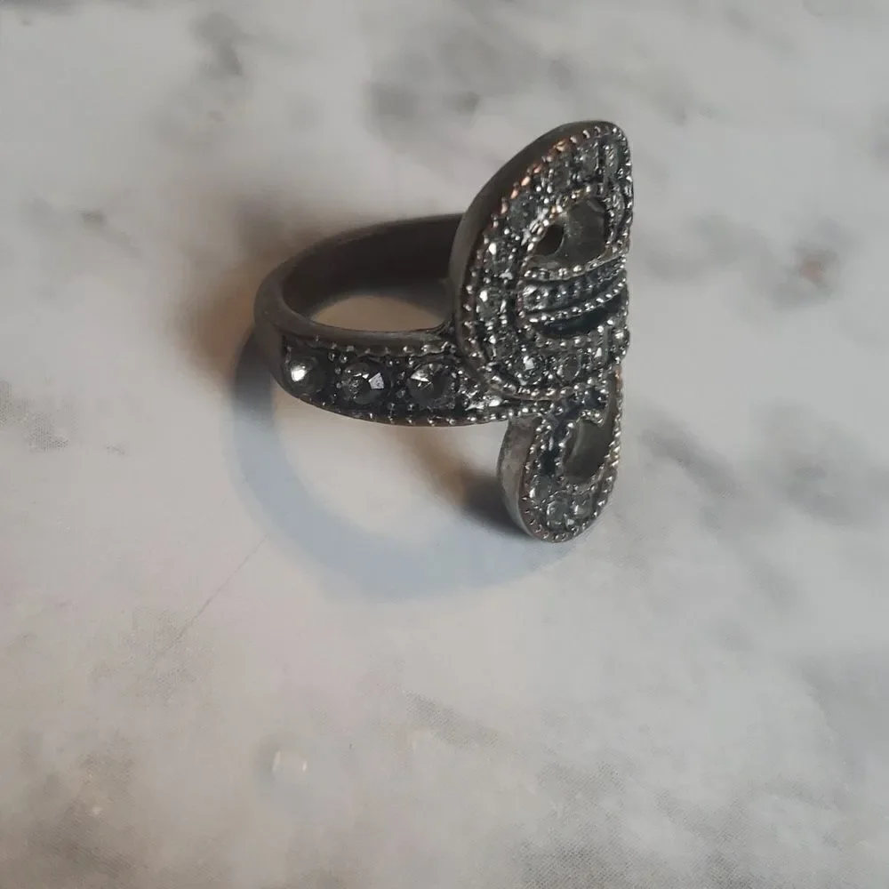 Baroque Rhinestones Swirls Ring Size 7.5 US | Silver Tone Metal